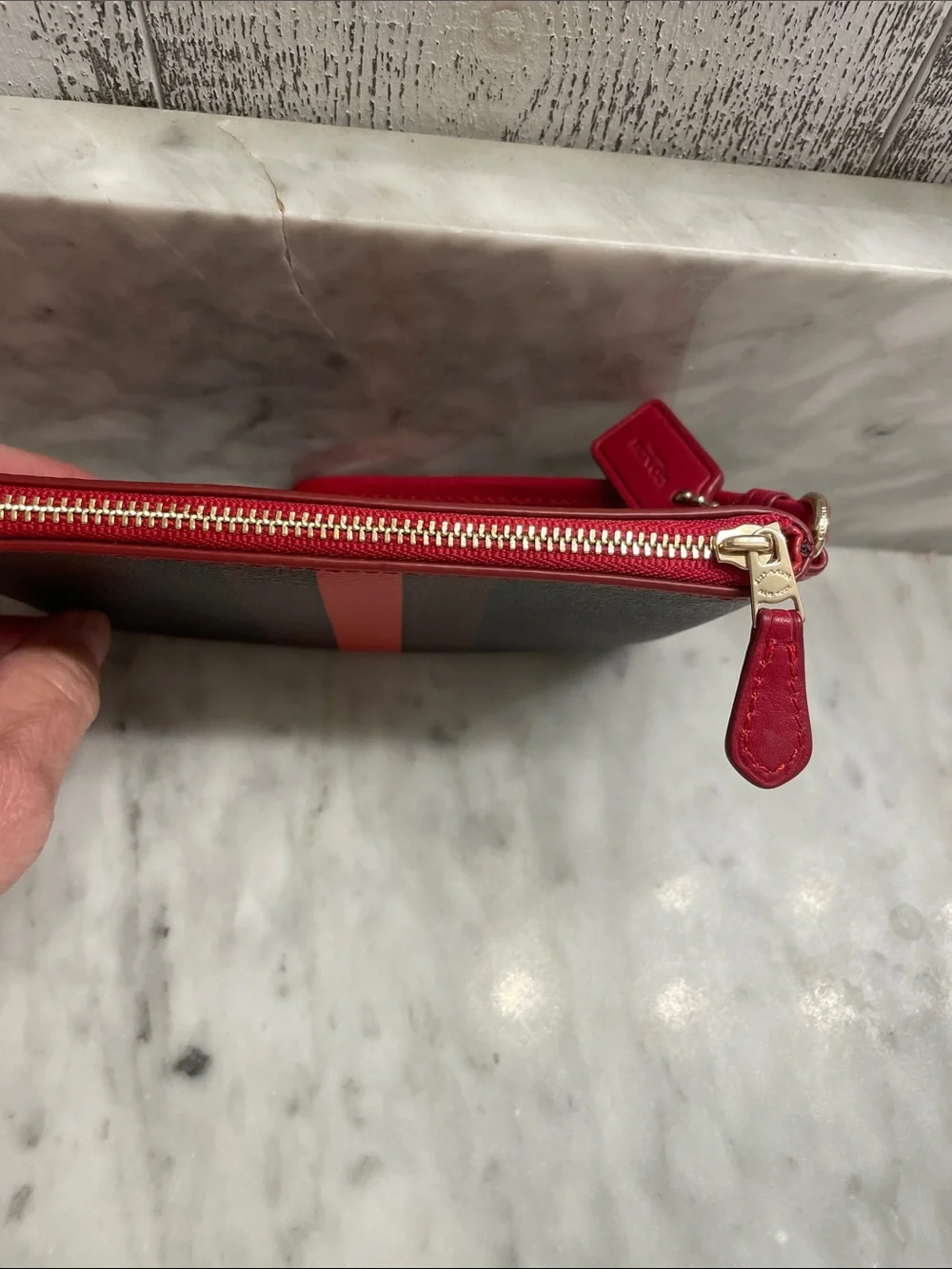Sharp Coach Brown and Red Signature Wristlet with Red Stripe and Red Strap
